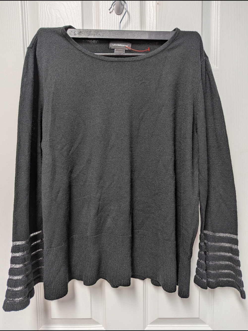 Liz Claiborne Charcoal Knit Sweater with Striped Sleeve Detail
